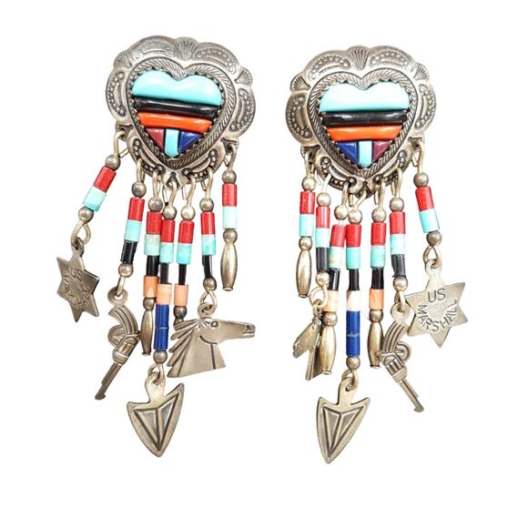 Vintage - Native American- Inlaid & Signed QT Sterling Silver Earrings 925 - Picture 8 of 8